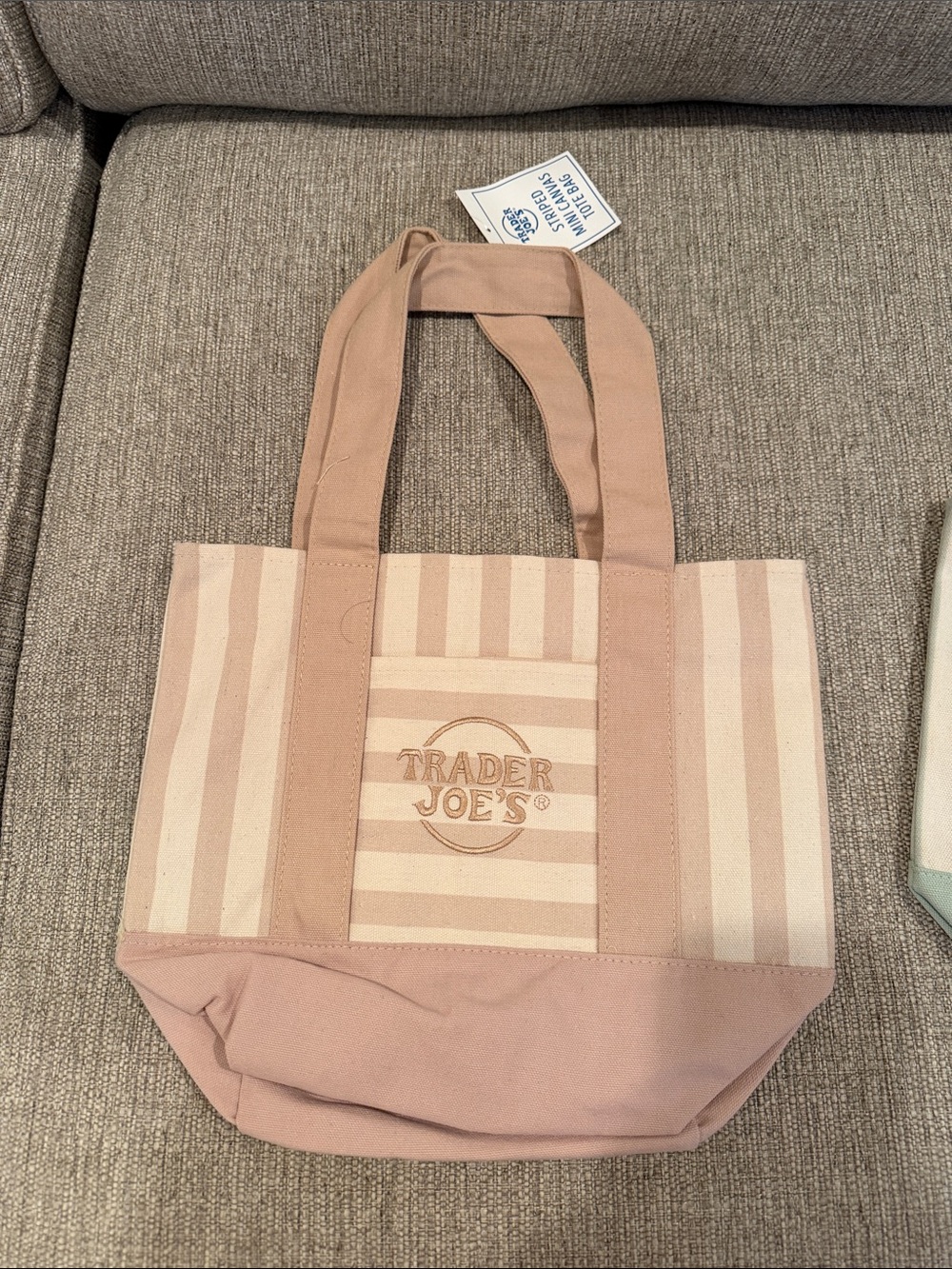 Trader Joe’s Summer Striped Mini Canvas Tote Bags- set of 3- blue green & tan - Picture 5 of 6